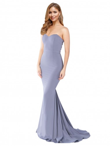 Discount Long Strapless Sweetheart Sweep Train Crepe Bridesmaid Dress with Low Back