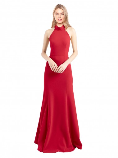 Discount Sleek Fit and Flare High Neck Halter Stretch Crepe Bridesmaid Dress with Open Back