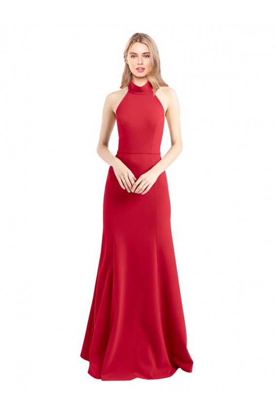 Sleek Fit and Flare High Neck Halter Stretch Crepe Bridesmaid Dress with Open Back