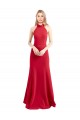 Sleek Fit and Flare High Neck Halter Stretch Crepe Bridesmaid Dress with Open Back