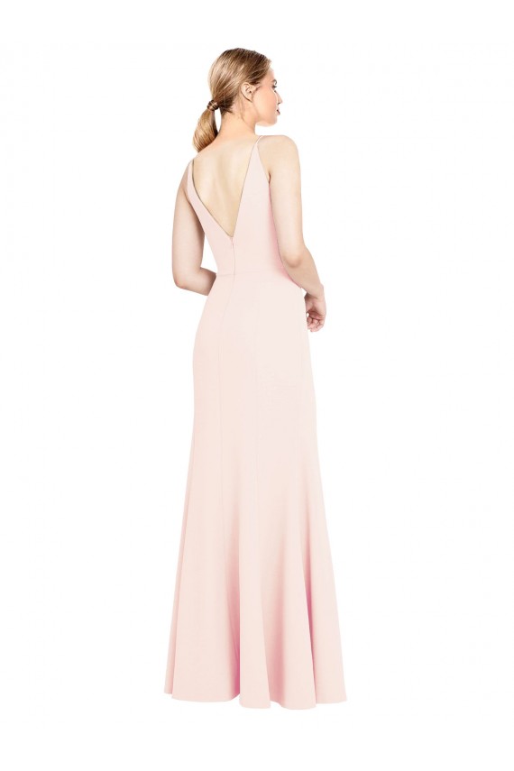 Slim A-Line V-Neck Long Stretch Crepe Bridesmaid Dress with V-Back