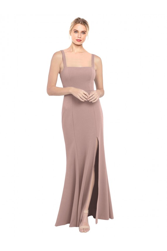 Square Neck Fit and Flare Long Stretch Crepe Bridesmaid Dress with Side Slit