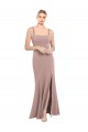 Square Neck Fit and Flare Long Stretch Crepe Bridesmaid Dress with Side Slit
