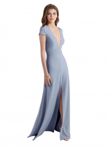 Discount Plunging V-Neck Cap Sleeves Stretch Crepe Bridesmaid Dress with Front Slit