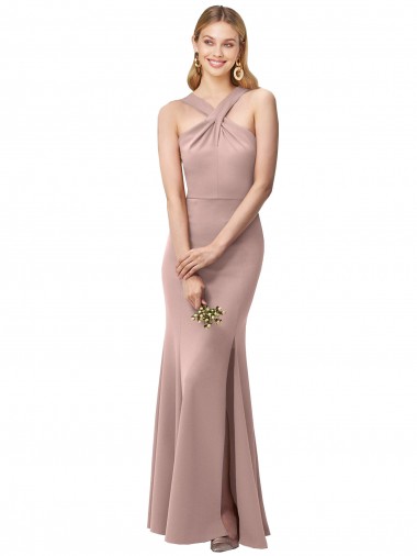 Discount Long Floor Length High Neck Fit and Flare Stretch Crepe Bridesmaid Dress with Side Slit
