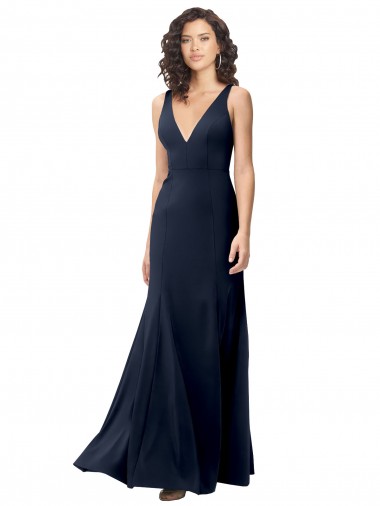 Discount Classic V-Neck Long Stretch Crepe Bridesmaid Dress with V-Back
