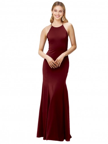 Discount Fit and Flare Halter Neckline Stretch Crepe Bridesmaid Dress with Strappy Back