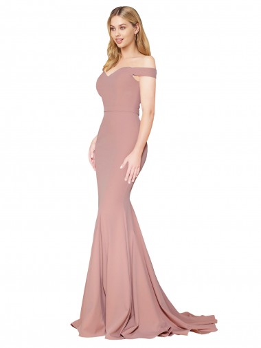 Discount Off the Shoulder Sweetheart Long Sweep Train Crepe Bridesmaid Dress