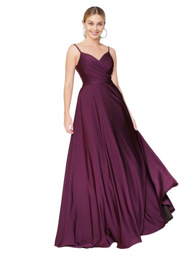 Discount High Neck Spaghetti Straps Long V-Back Crepe Bridesmaid Dress