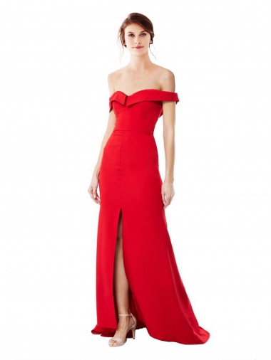 Discount Off the Shoulder Chapel Train Crepe Bridesmaid Dress with Thigh-High slit