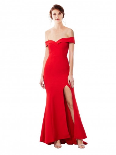 Discount Off the Shoulder Sweetheart Maxi Crepe Bridesmaid Dress With Thigh Split and Train