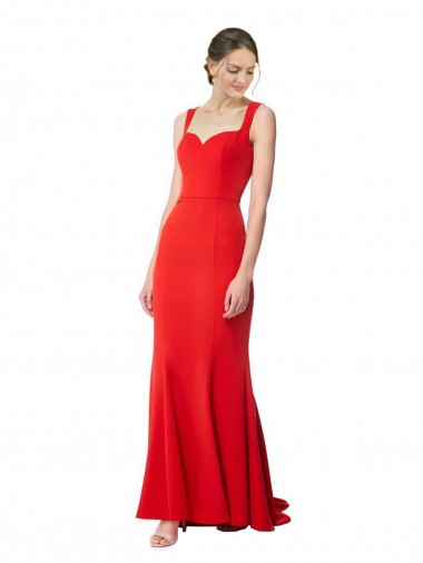 Discount Long Chapel Train Fishtail Maxi Crepe Bridesmaid Dress with Sweetheart Neckline