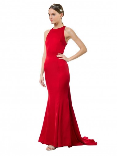 Discount High Neck Mermaid Open Back Crepe Maxi Bridesmaid Dress with Train Detail