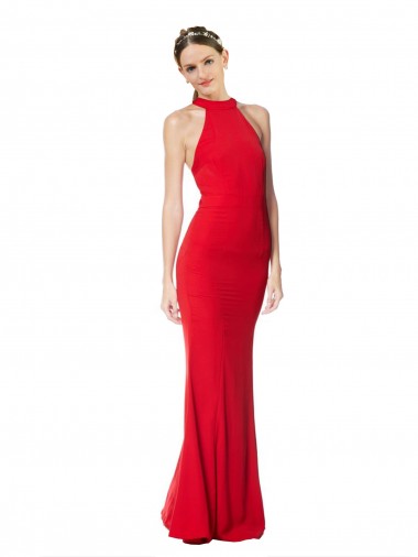 Discount Halter Neck Keyhole Back Sleeveless Crepe Maxi Bridesmaid Dress