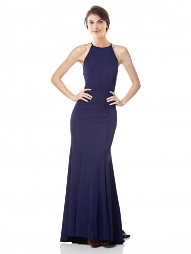 Discount High Neck Fishtail Crepe Bridesmaid Dress with Open Back Detail