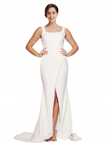 Discount Square Neck Long Sheath Sweep Train Crepe Bridesmaid Dress 