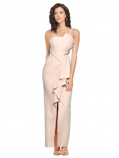 Discount Long Full Length Ruffles Strapless Low Back Crepe Bridesmaid Dress with Straps