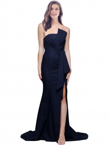 Discount Long Strapless Sweep Train Low Back Crepe Bridesmaid Dress