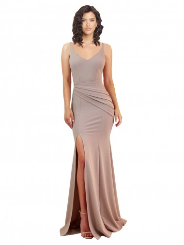 Discount Fishtail Shape V-Neck Crepe Bridesmaid Dress with Slit