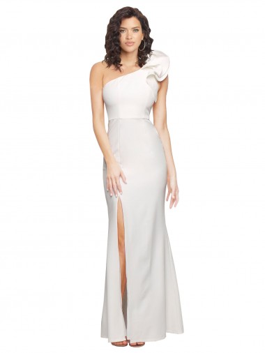 Discount One Shoulder Long Full Length Crepe Bridesmaid Dress with Ruffles and Side Split