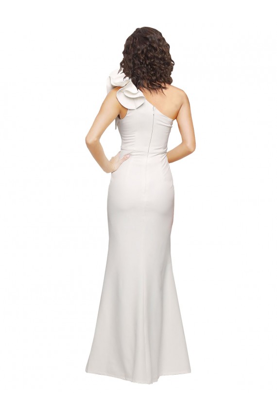 One Shoulder Long Full Length Crepe Bridesmaid Dress with Ruffles and Side Split