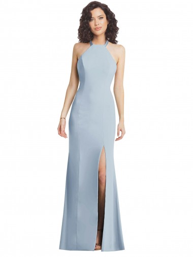 Discount High Neck Halter Bridesmaid Dress with Twist Criss Cross Back