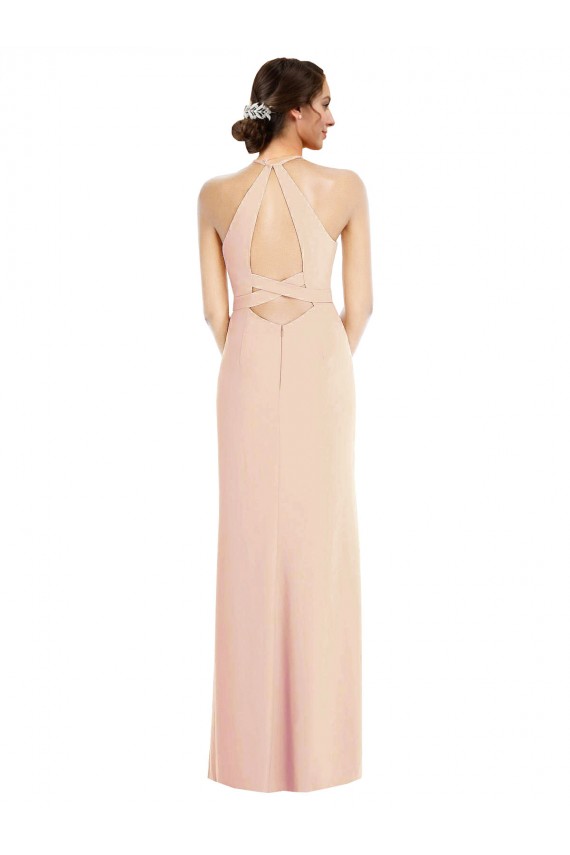 Halter Criss Cross Cutout Back Maxi Bridesmaid Dress