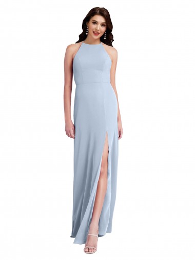 Discount Fit and Flare High Neck Crepe Bridesmaid Dress with Side Slit