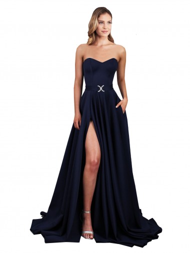 Discount Sweetheart Neckline Low Back Long Crepe Bridesmaid Dress with High Leg Spit
