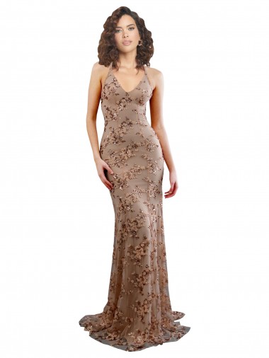 Discount Floral Patterned Backless V-Neckline Sequin Bridesmaid Dress