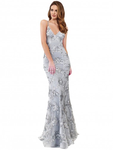 Discount Silver V-Neckline Backless Floral Patterned Sequin Bridesmaid Dress