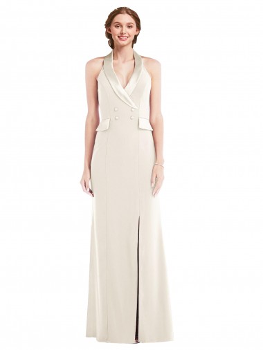 Discount Halter Tuxedo Maxi Bridesmaid Dress with Front Slit