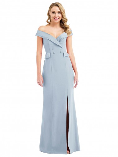 Discount Off the Shoulder Tuxedo Maxi Bridesmaid Dress with Front Slit