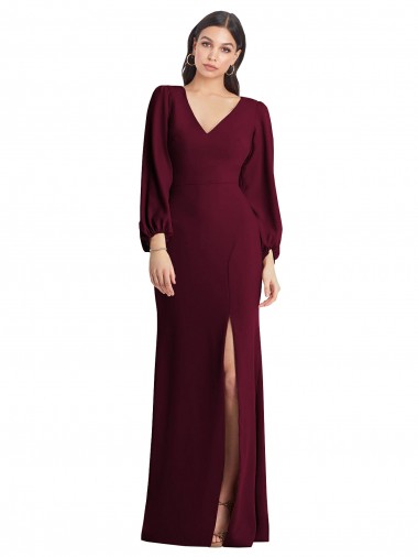 Discount Long Puff Sleeve V-Neck Trumpet Bridesmaid Maxi Dress