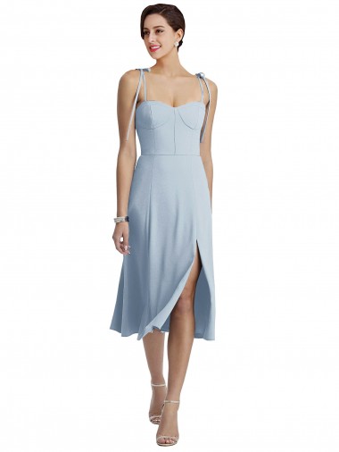 Discount Midi Length Bustier Crepe Bridesmaid Dress with Back Bow Straps
