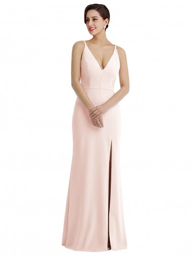Discount Skinny Strap Deep V-Neck Crepe Trumpet Bridesmaid Dress with Front Slit