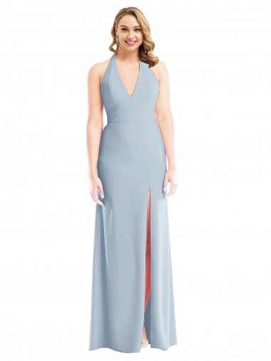 Discount Plunge Neck Halter Backless Trumpet Bridesmaid Dress with Front Slit