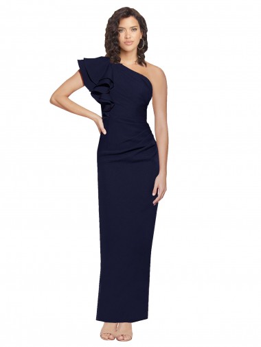 Discount Ruched Floor Length Long Crepe Bridesmaid Dress with Shoulder Ruffles