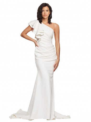 Discount Ruched Long Sweep Train Crepe Bridesmaid Dress with Shoulder Ruffles