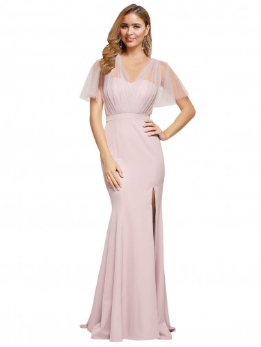 Discount Crepe Long Sweetheart Neckline Bridesmaid Dress with Tulle Overlay Shoulders