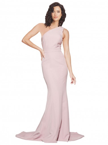 Discount Long Sweep Train One Shoulder Crepe Bridesmaid Dress with Side Leg Split
