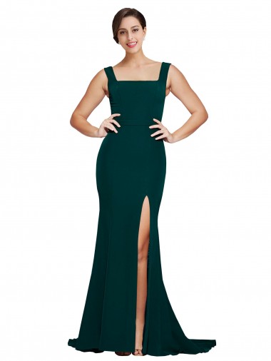 Discount Fitted Square Neck Long Crepe Bridesmaid Dress with Train and Side Split