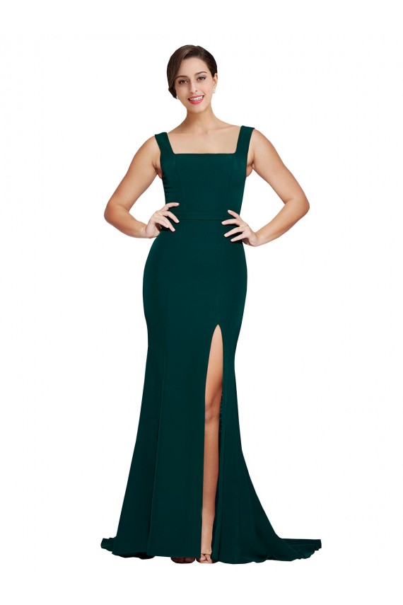 Fitted Square Neck Long Crepe Bridesmaid Dress with Train and Side Split