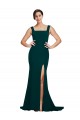 Fitted Square Neck Long Crepe Bridesmaid Dress with Train and Side Split