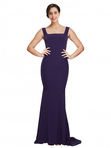 Discount Square Neck Long Sweep Train Crepe Bridesmaid Dress with Thick Straps