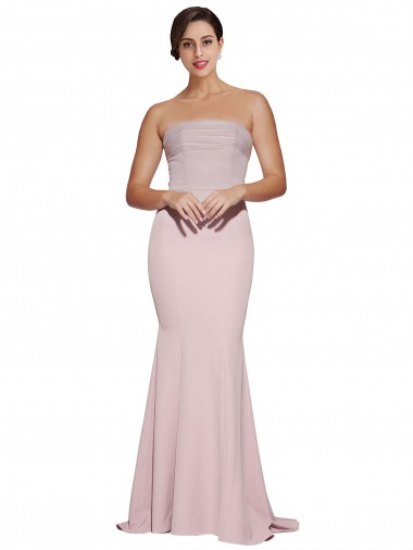 Discount Straight Neck Long Strapless Crepe Bridesmaid Dress with Soft Tulle Overlay and Small Train