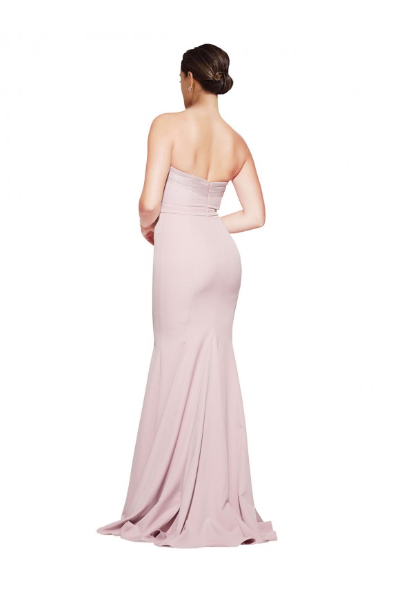 Straight Neck Long Strapless Crepe Bridesmaid Dress with Soft Tulle Overlay and Small Train