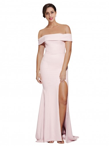 Discount Off Shoulder Long Crepe Bridesmaid Dress with Straight Neckline and Side Split