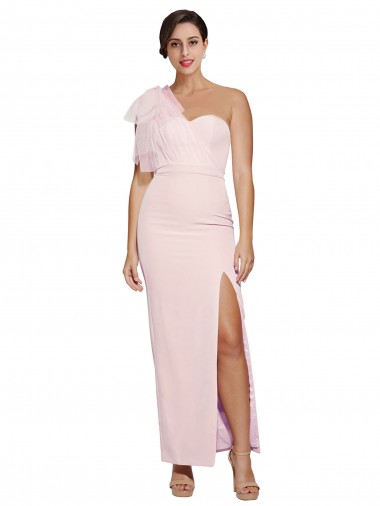 Discount One Shoulder Tulle Overlay Sweetheart Neckline Long Crepe Bridesmaid Drss with Thigh Split