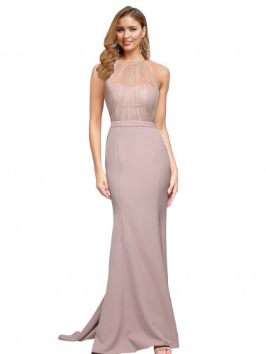 Discount Long Sweetheart Crepe Bridesmaid Dress with High Neck Illusion Tulle Details
